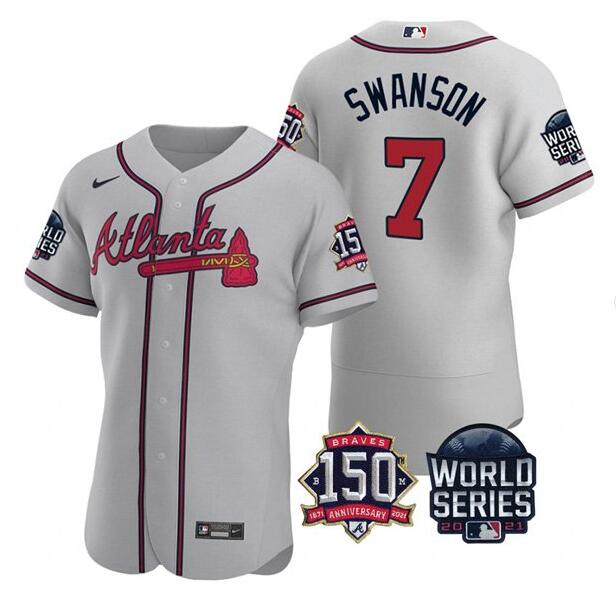 Men's Atlanta Braves #7 Dansby Swanson 2021 Gray World Series With 150th Anniversary Patch Stitched Baseball Jersey Men's Atlanta Braves #7 Dansby Swanson 2021 Gray World Series With 150th Anniversary Patch Stitched Baseball Jersey